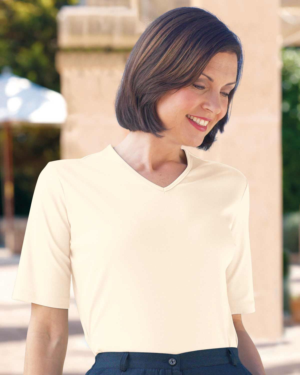 Silky Cotton V Neck Top - Cream