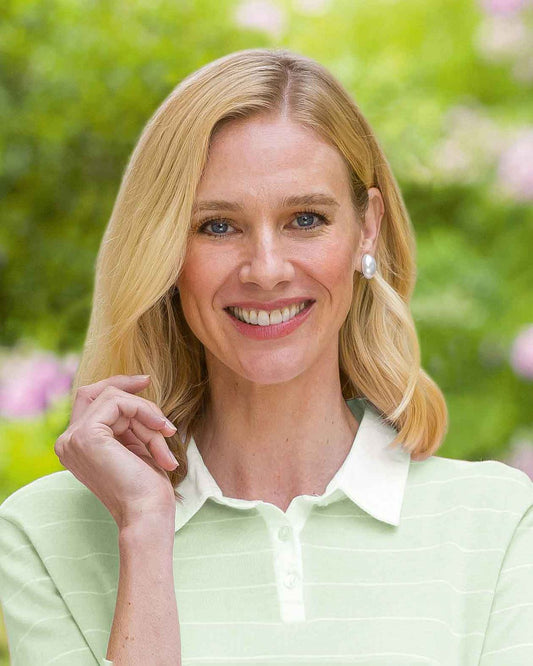 Sarah Striped Long Sleeve Cotton Polo Top - Mint