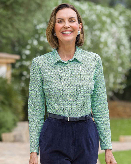 Olive Patterned Cotton Long Sleeve Polo Top