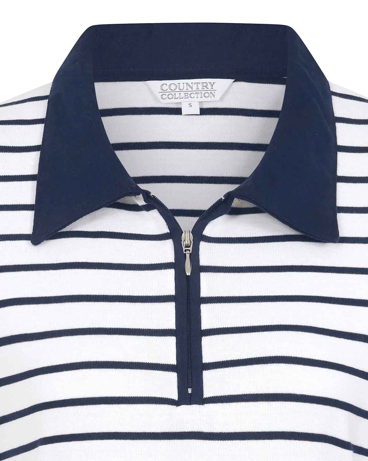 Kendall Striped Long Sleeved Cotton Zip Neck Polo Top - White