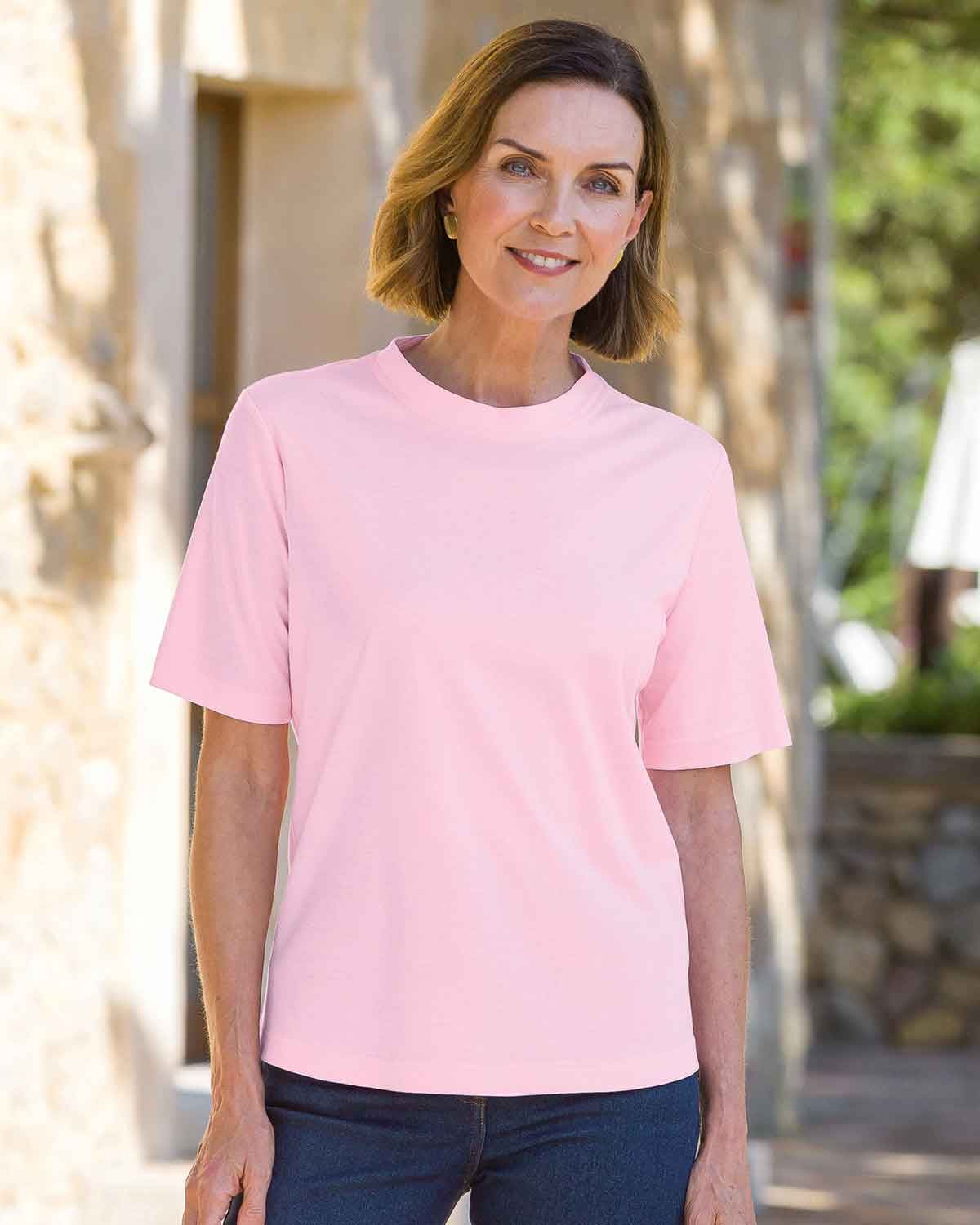 Silky Cotton Crew Neck Top - Pale Pink