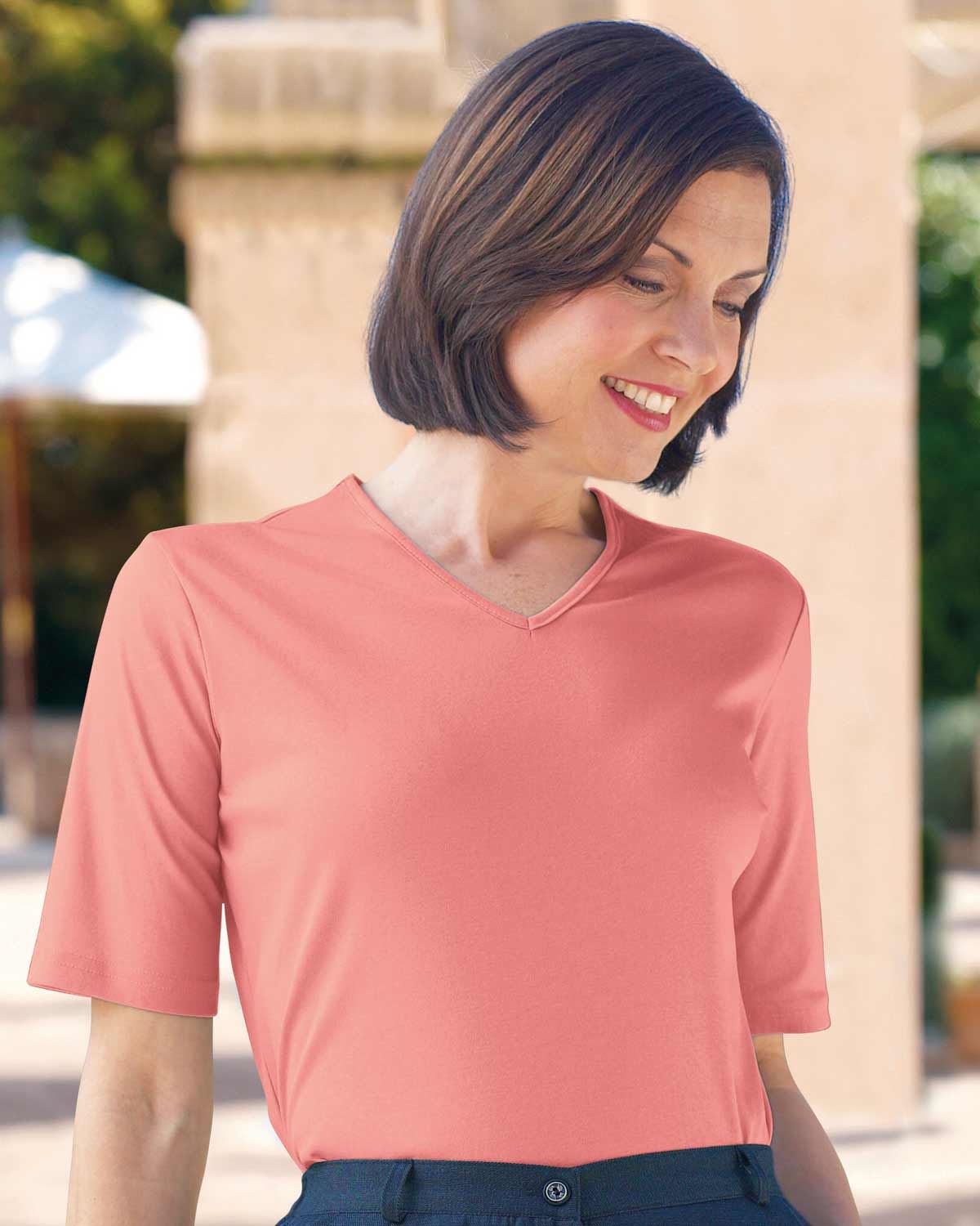 Silky Cotton V Neck Top  - Coral