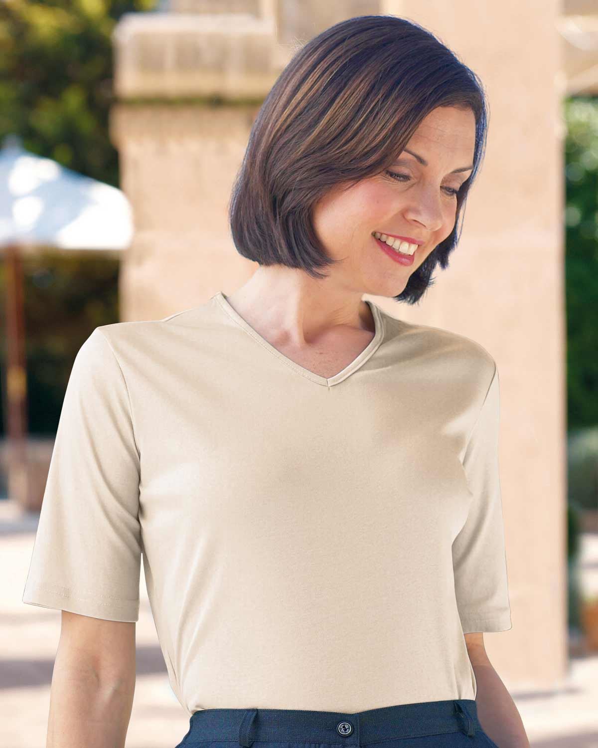 Silky Cotton V Neck Top  - Champagne