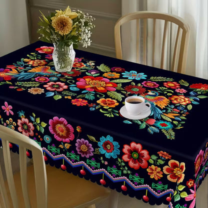 Mexican Floral Tablecloth With Scalloped Edge