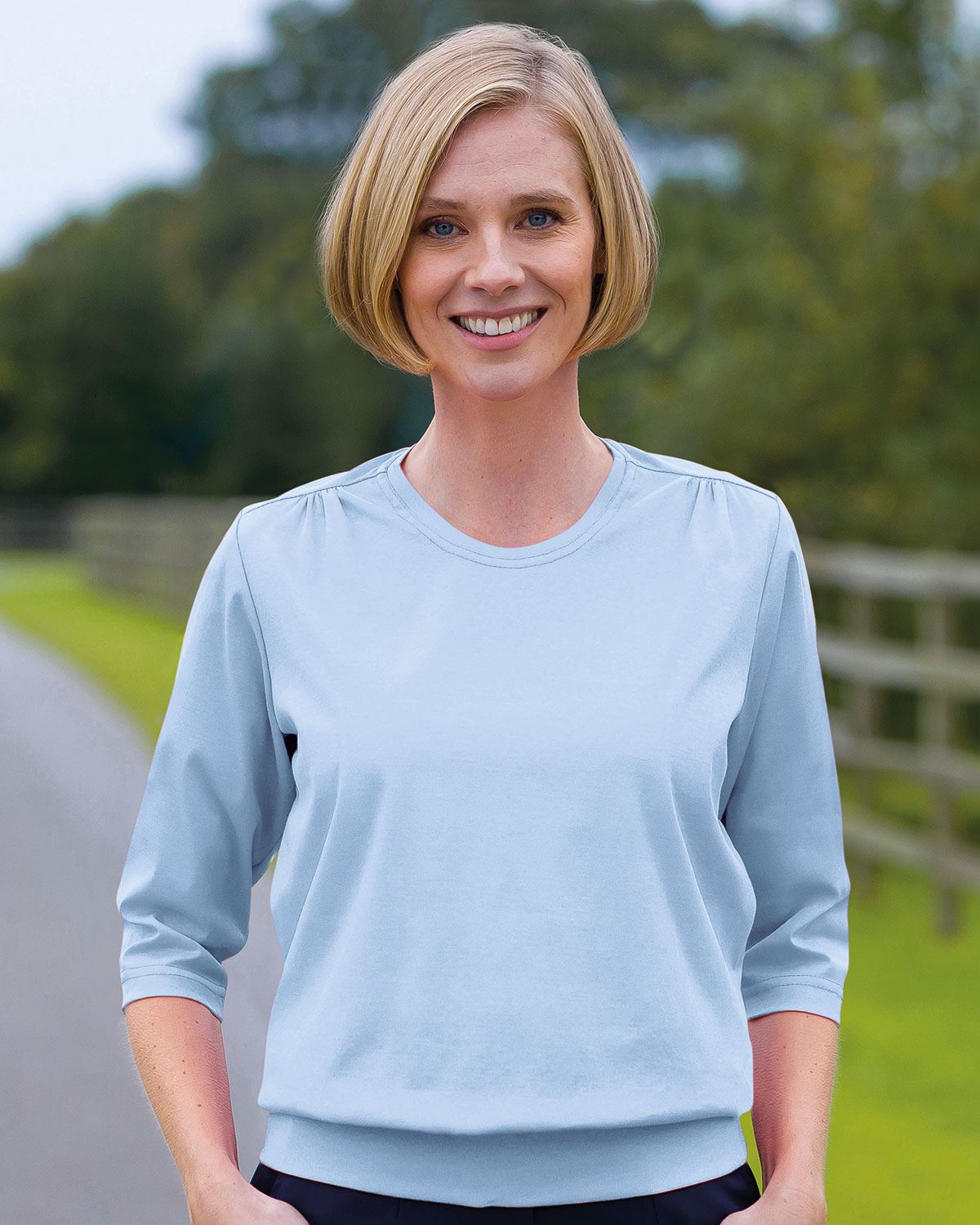 Ladies’ Pure Cotton Blouson Top – Pale Blue