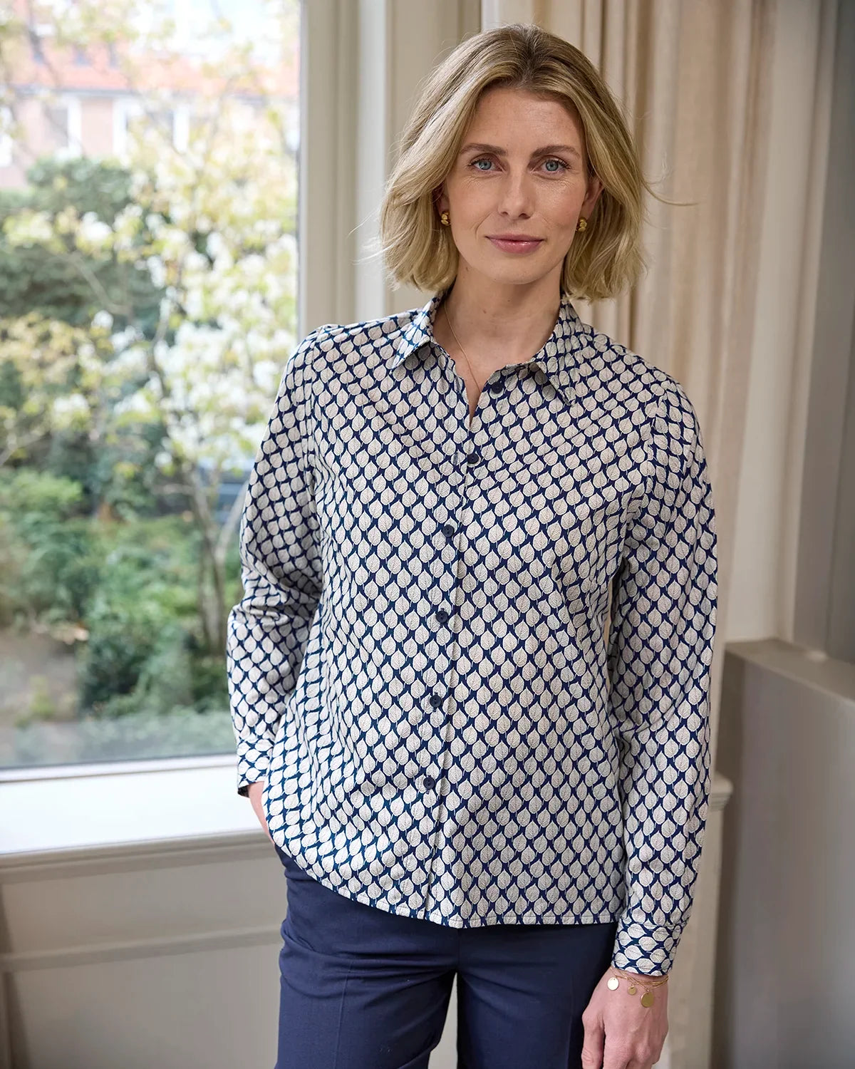 Elspeth Patterned Pure Cotton Long Sleeve Blouse