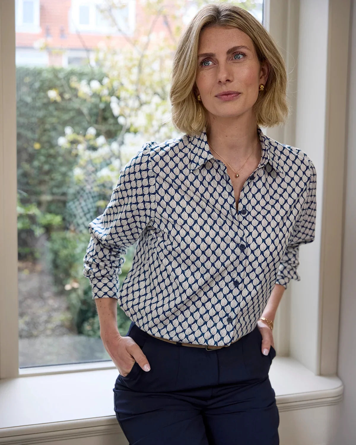 Elspeth Patterned Pure Cotton Long Sleeve Blouse