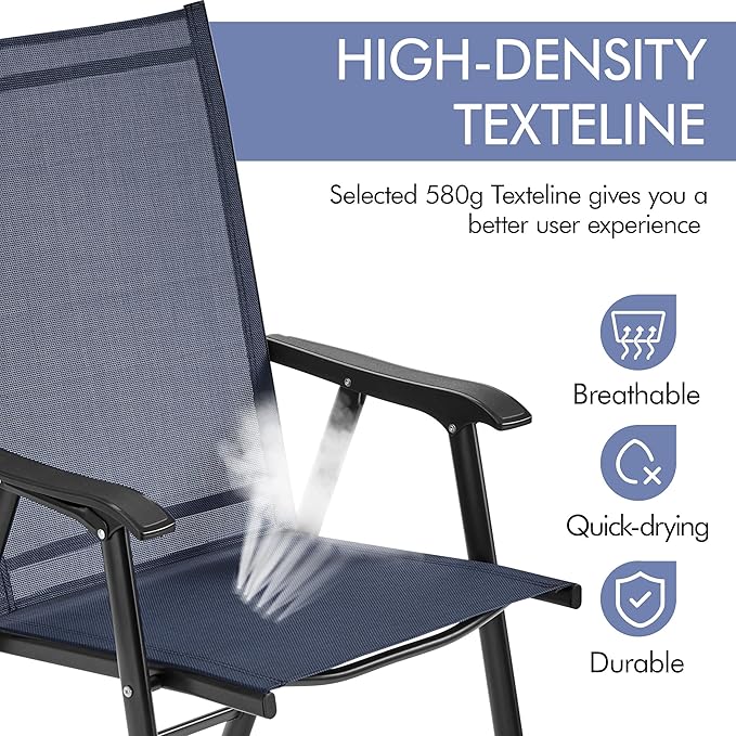 Outdoor Folding Garden Chairs Set of 2 with High Back, Outdoor Patio Dining Chairs 2-Pack with Steel Frame for Garden, Lawn, Yard, Beach, Navy Blue