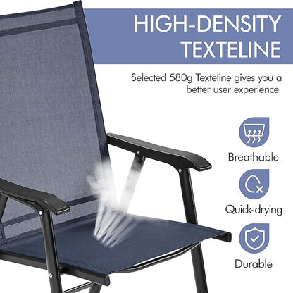 Outdoor Folding Garden Chairs Set of 2 with High Back, Outdoor Patio Dining Chairs 2-Pack with Steel Frame for Garden, Lawn, Yard, Beach, Navy Blue