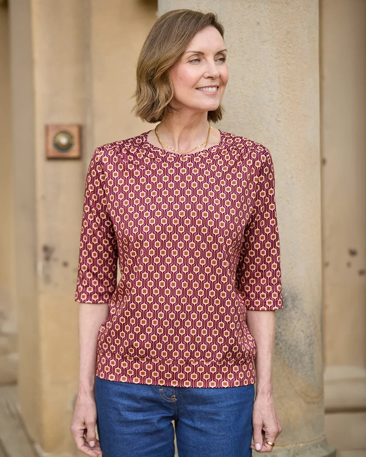 Printed Pure Cotton 3/4 Sleeve Blouson Top - Anya