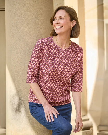 Printed Pure Cotton 3/4 Sleeve Blouson Top - Anya