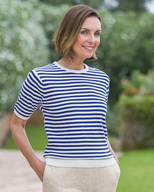 Kathy Pure Cotton Top - Navy Cream
