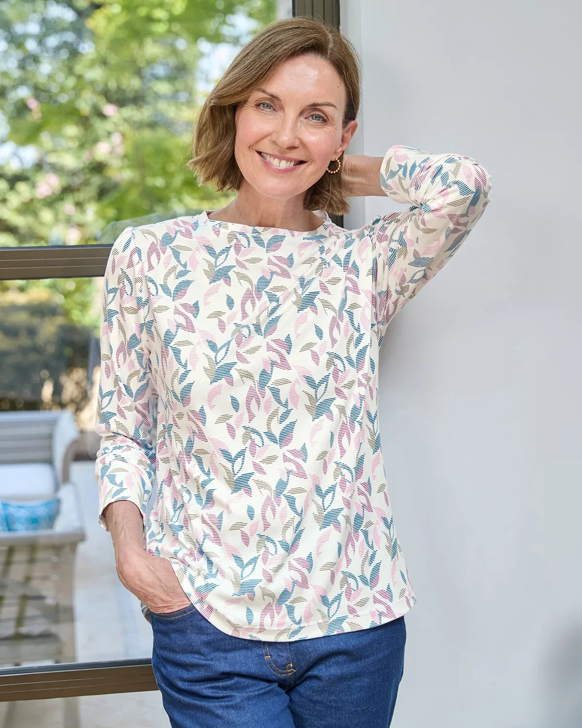 Printed Pleat Shoulder Crew Neck Top - Daisy
