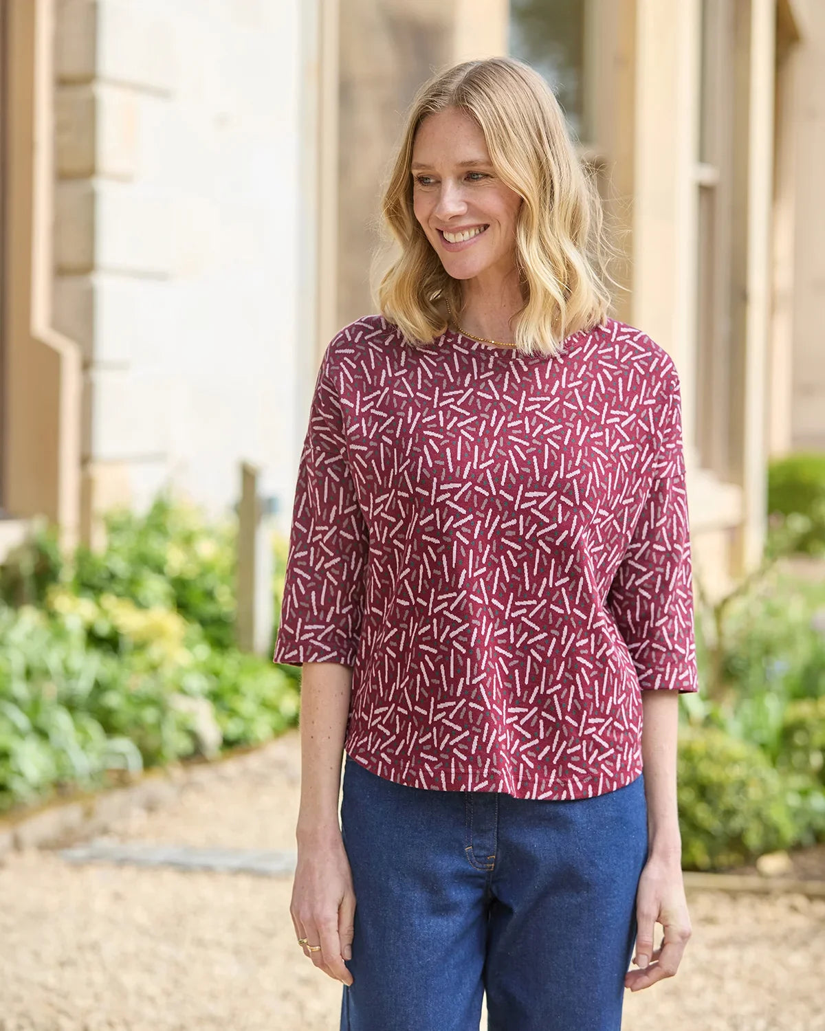 Patterned Crew Neck Dolman Sleeve Top - Elora