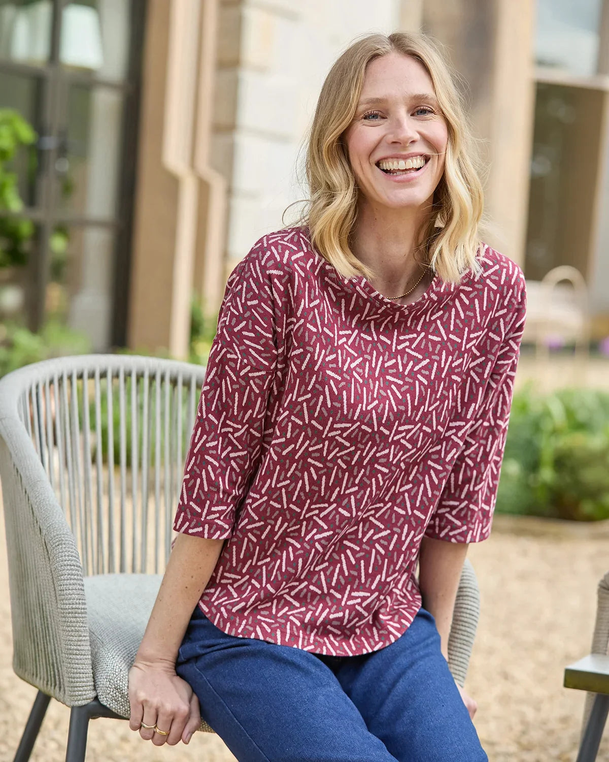 Patterned Crew Neck Dolman Sleeve Top - Elora