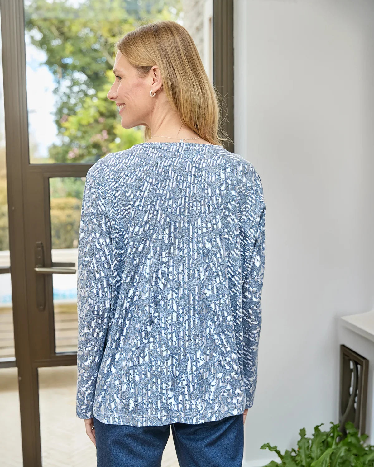 Printed Pleat Shoulder Crew Neck Top - Gabriella