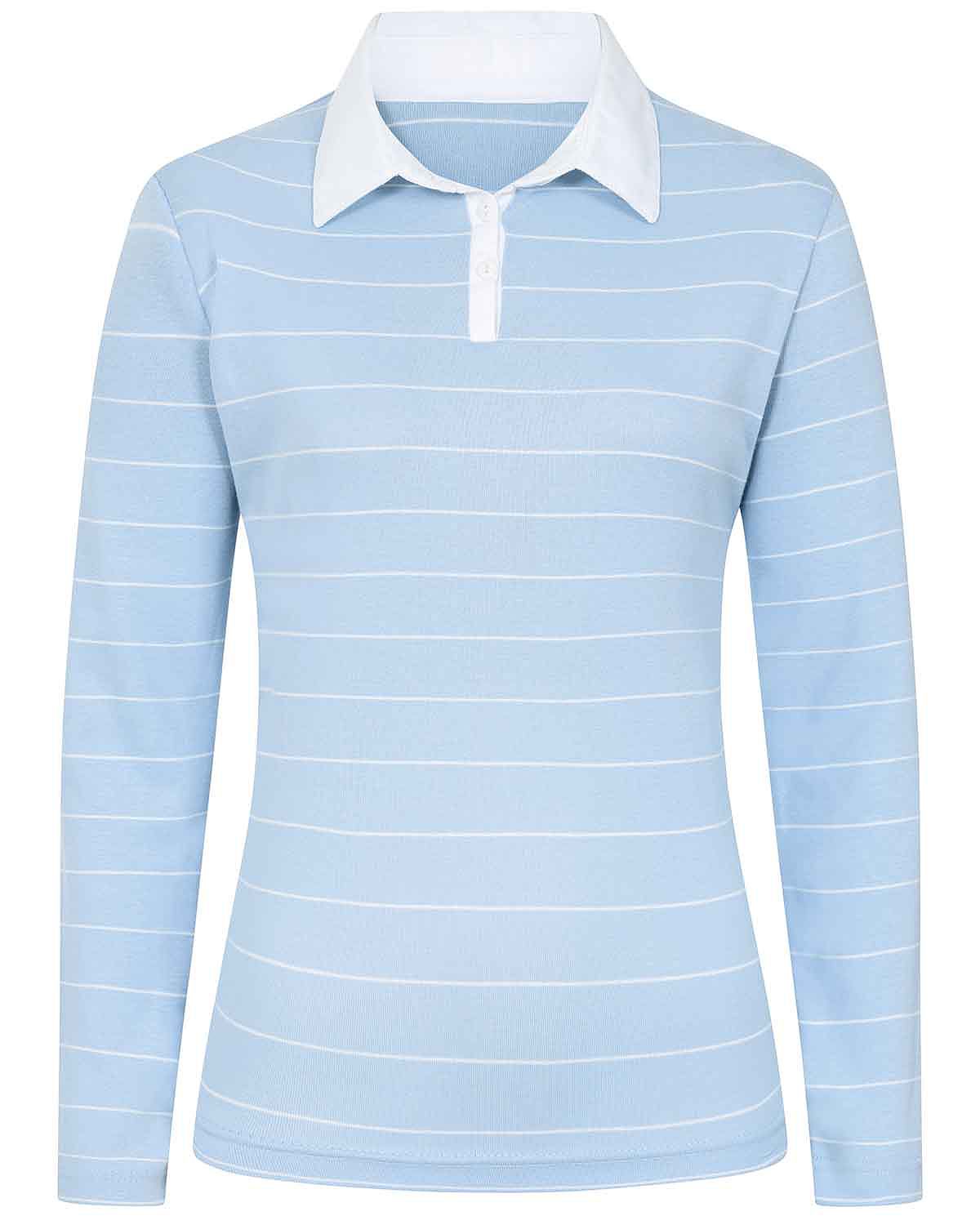 Sarah Striped Long Sleeve Cotton Polo Top - Blue