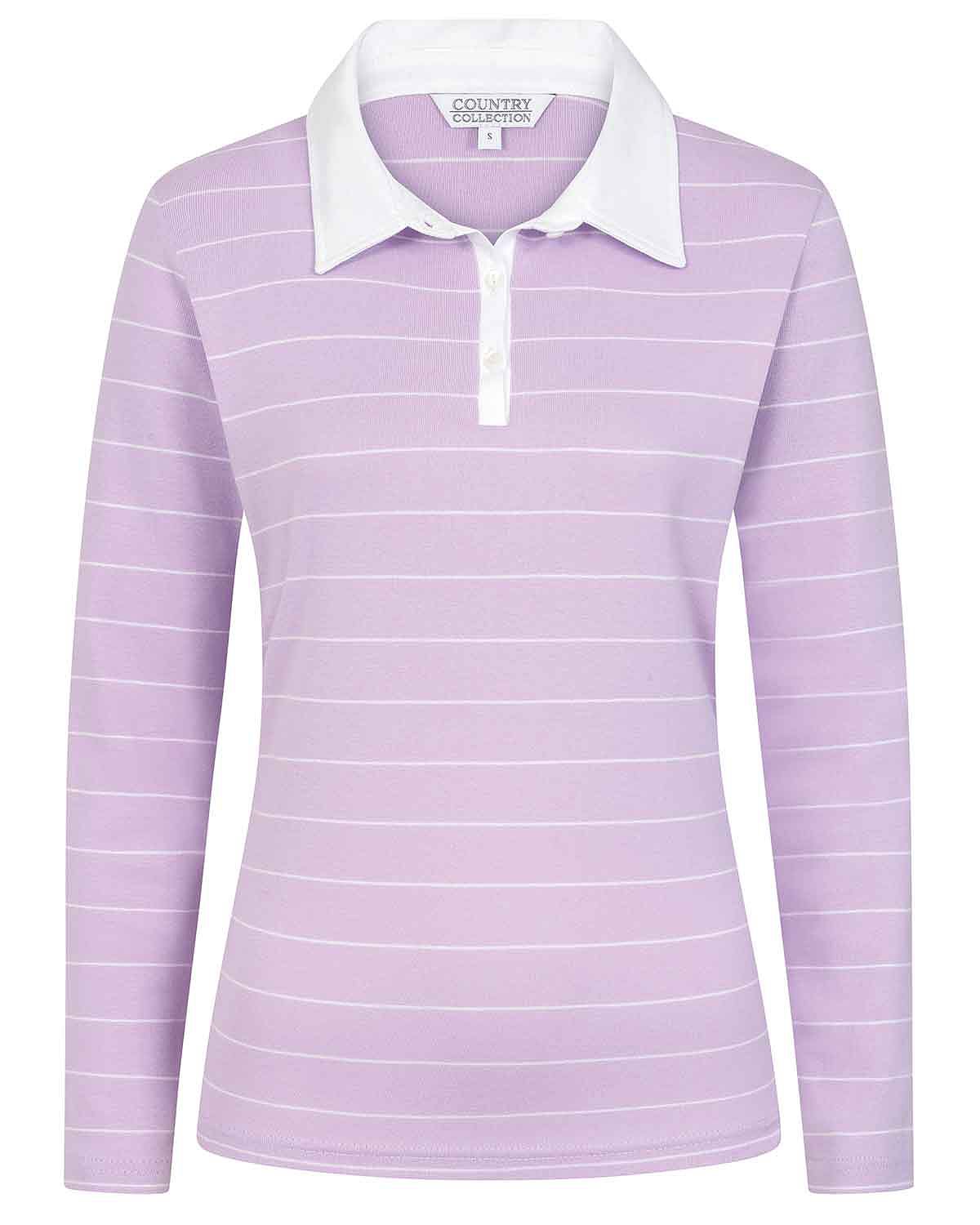Sarah Striped Long Sleeve Cotton Polo Top - Lilac