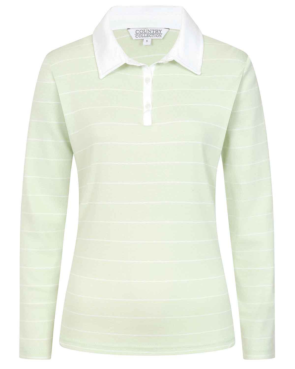Sarah Striped Long Sleeve Cotton Polo Top - Mint