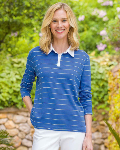 Sarah Striped Long Sleeve Cotton Polo Top - Navy