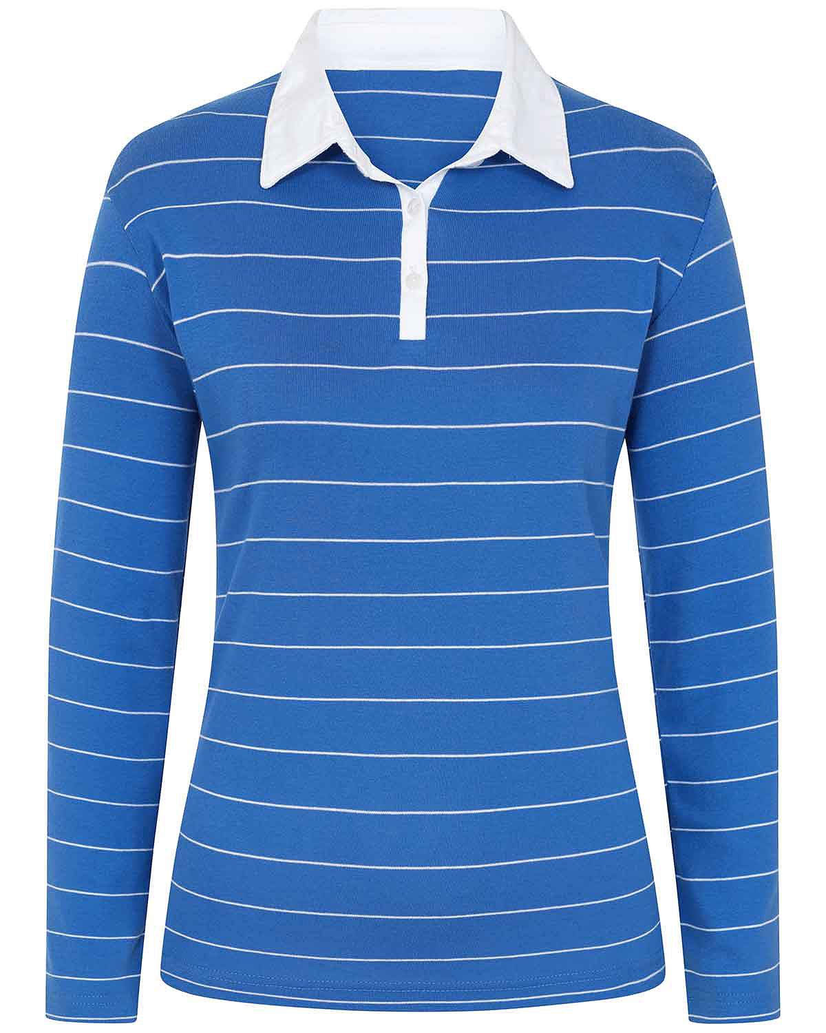 Sarah Striped Long Sleeve Cotton Polo Top - Navy
