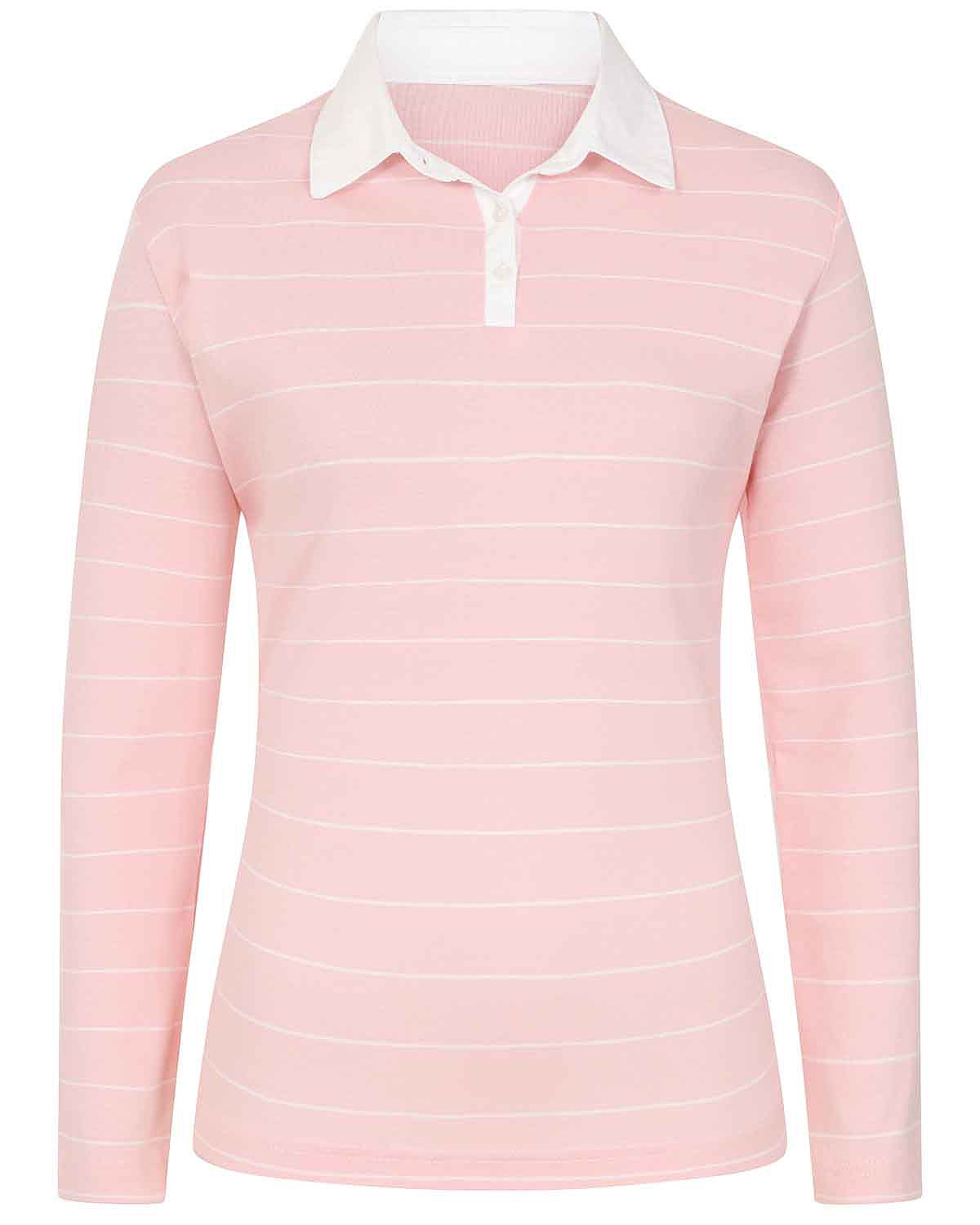 Sarah Striped Long Sleeve Cotton Polo Top - Pink