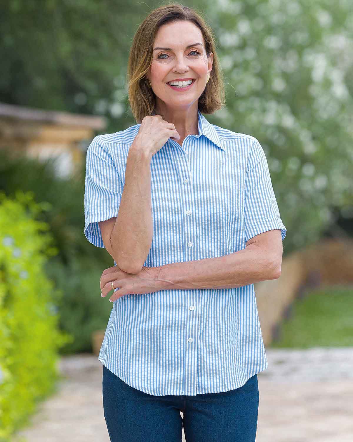 Maryanne Striped Cotton Mix Short Sleeve Blouse - Blue