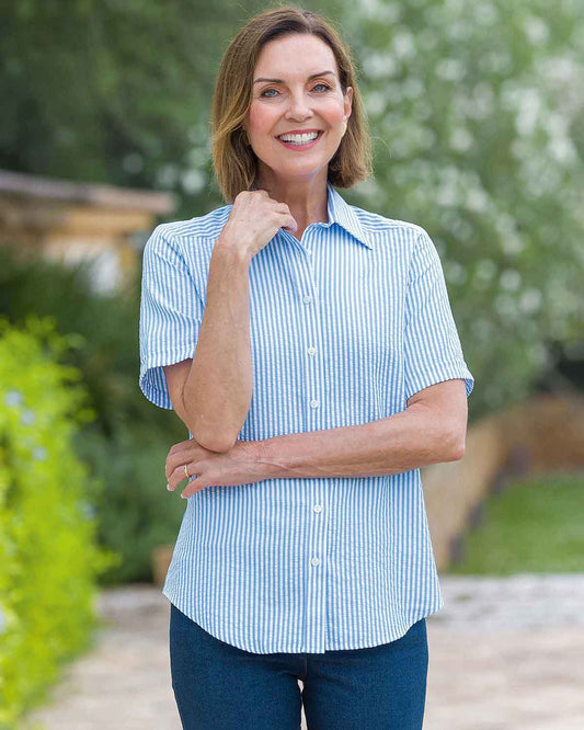 Maryanne Striped Cotton Mix Short Sleeve Blouse - Blue