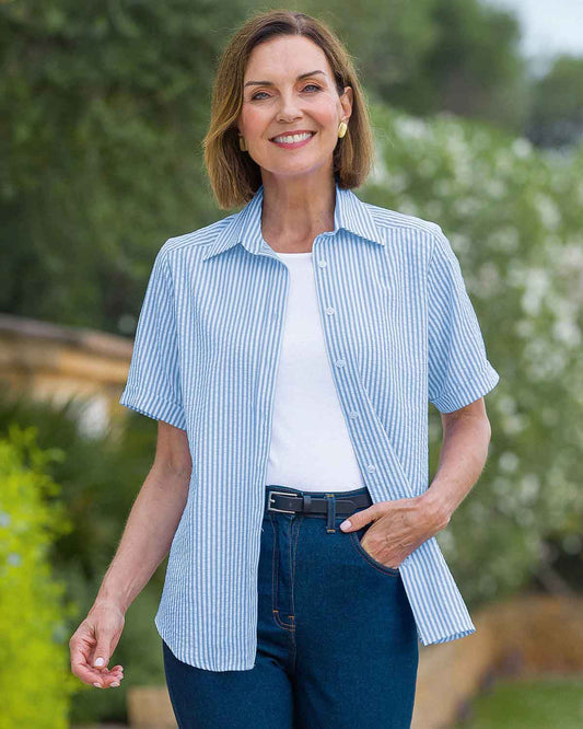 Maryanne Striped Cotton Mix Short Sleeve Blouse - Blue