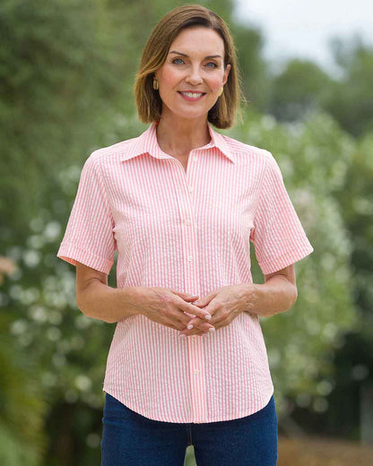 Maryanne Striped Cotton Mix Short Sleeve Blouse - Pink