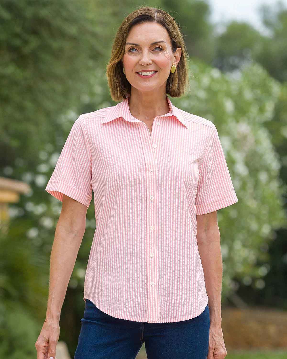 Maryanne Striped Cotton Mix Short Sleeve Blouse - Pink