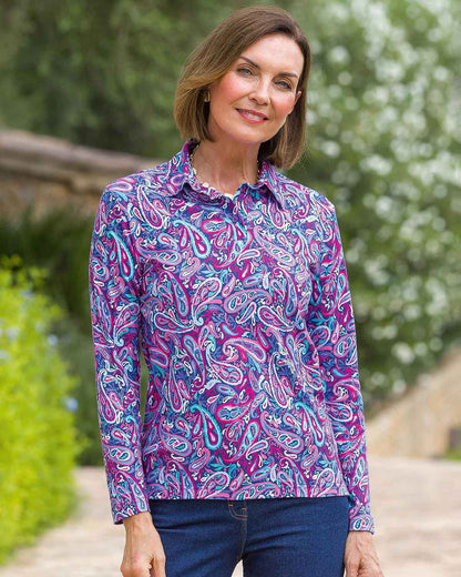 Pandora Patterned Cotton Long Sleeve Polo Top