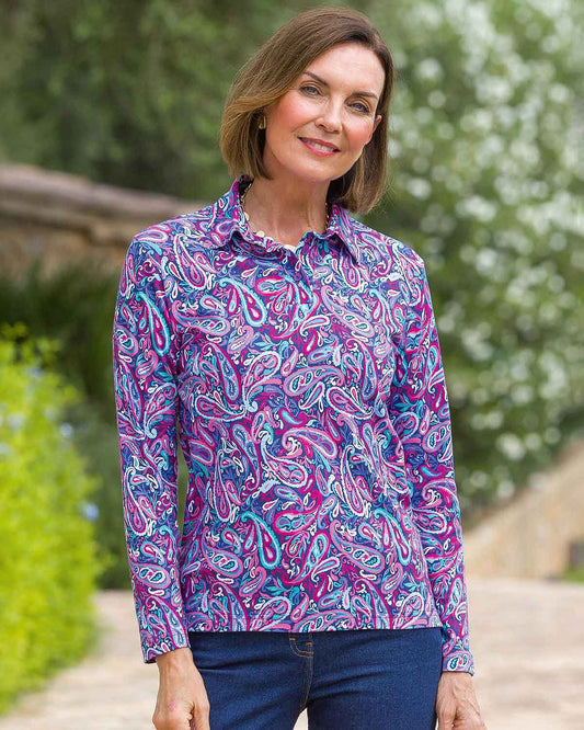 Pandora Patterned Cotton Long Sleeve Polo Top