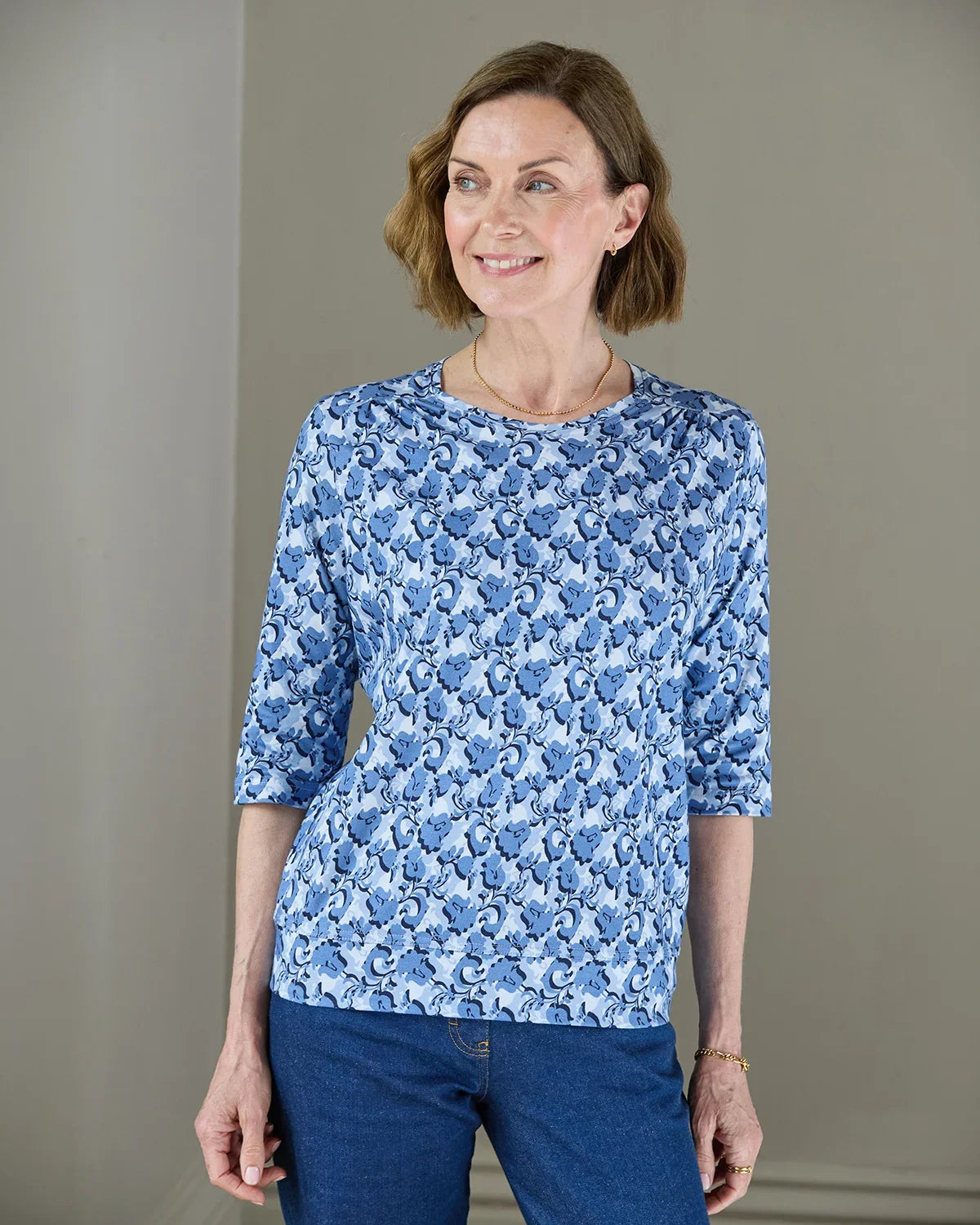 Printed Pure Cotton 3/4 Sleeve Blouson Top - Margot