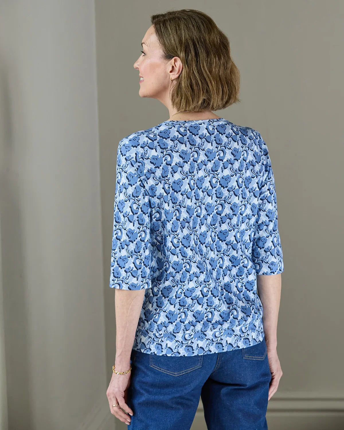 Printed Pure Cotton 3/4 Sleeve Blouson Top - Margot
