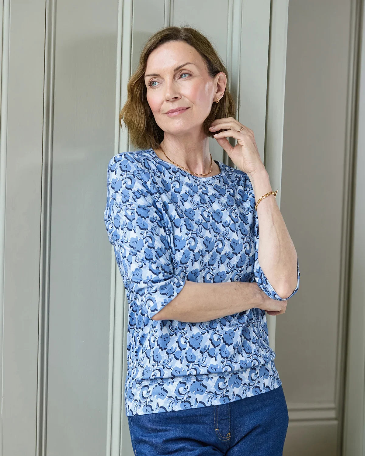 Printed Pure Cotton 3/4 Sleeve Blouson Top - Margot