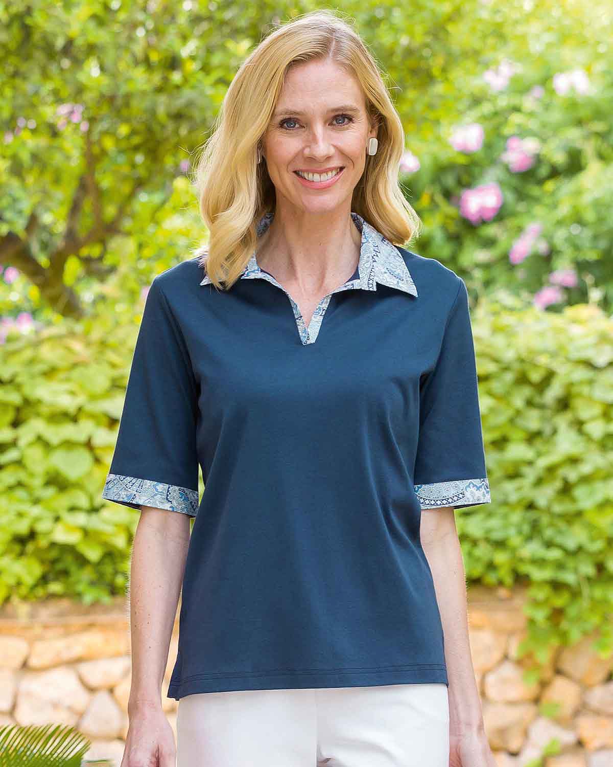 Eloise Trimmed Short Sleeve Cotton Polo Top