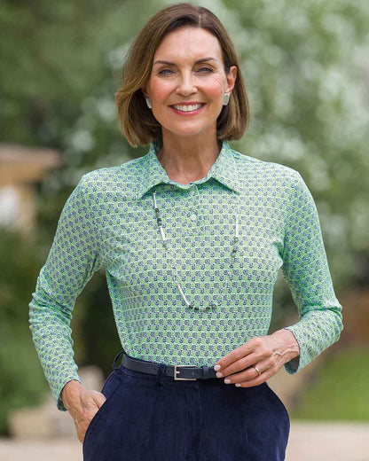 Olive Patterned Cotton Long Sleeve Polo Top
