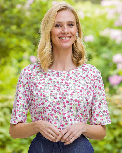 Violet Floral Short Sleeve Cotton Leisure Top
