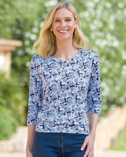 Printed Pure Cotton 3/4 Sleeve Blouson Top - Felicity