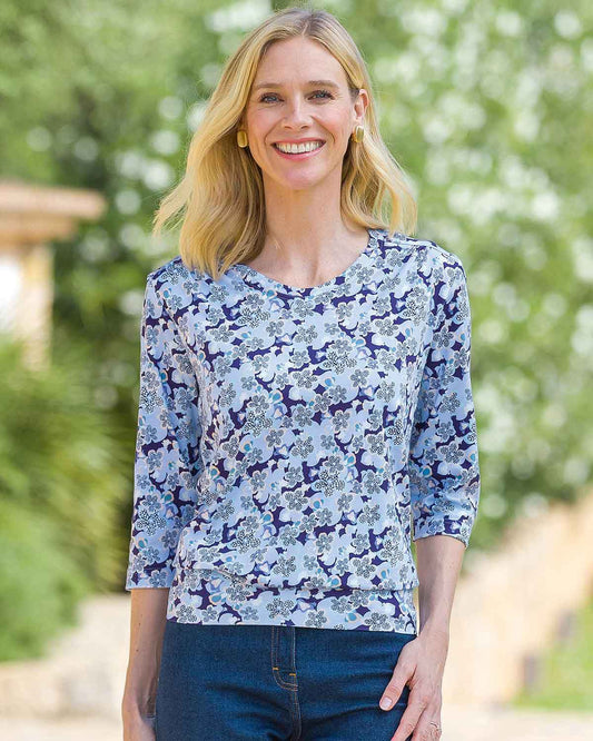 Printed Pure Cotton 3/4 Sleeve Blouson Top - Felicity