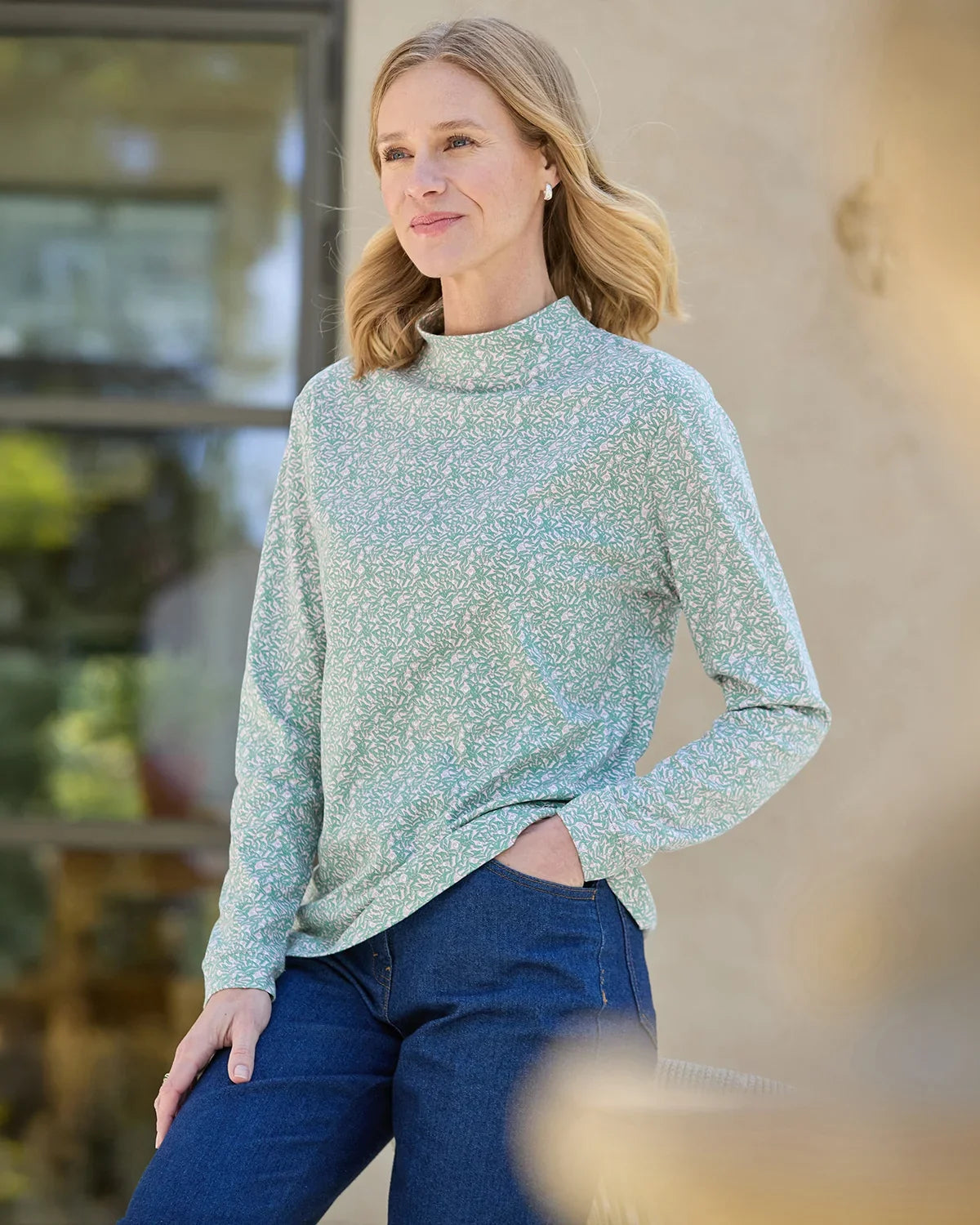 Printed Long Sleeved Cotton Turtle Neck Top - Natalie