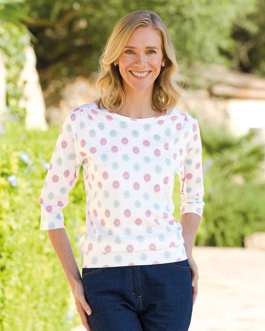Printed Pure Cotton 3/4 Sleeve Blouson Top - Elise