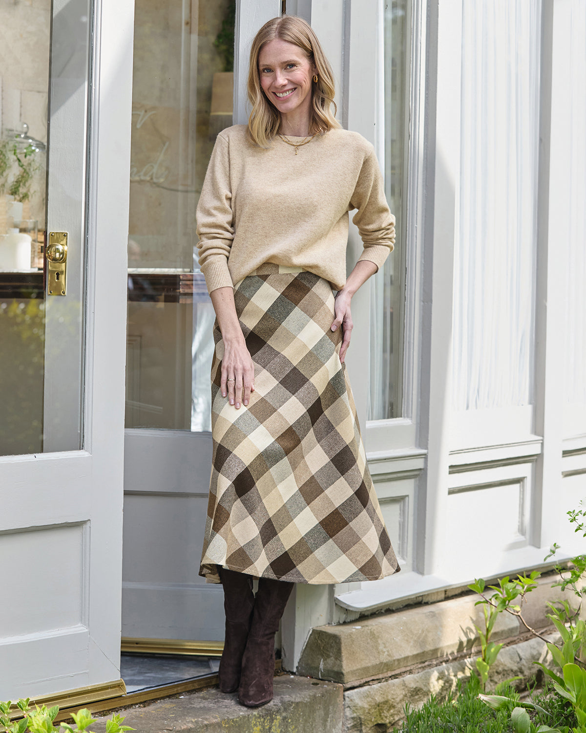 Roberta Checked Wool Mix  A Line Skirt