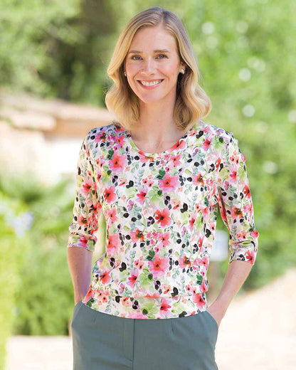 Rosella Floral Pure Cotton 3/4 Sleeved Blouson Top