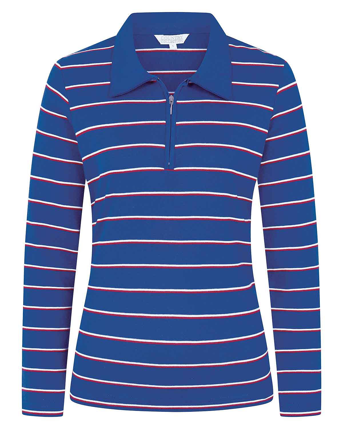 Kendall Striped Long Sleeved Cotton Zip Neck Polo Top - Blue