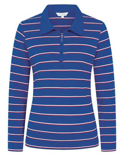 Kendall Striped Long Sleeved Cotton Zip Neck Polo Top - Blue