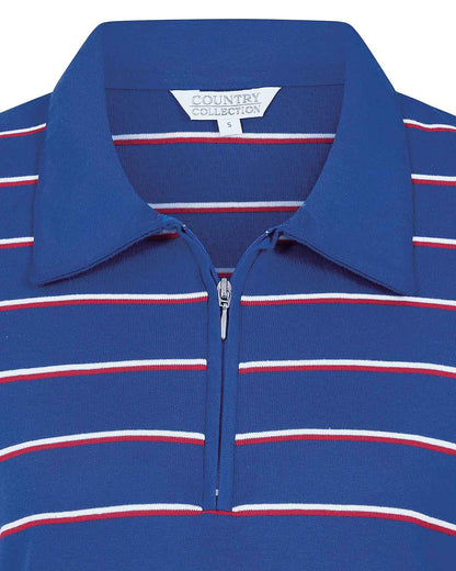 Kendall Striped Long Sleeved Cotton Zip Neck Polo Top - Blue
