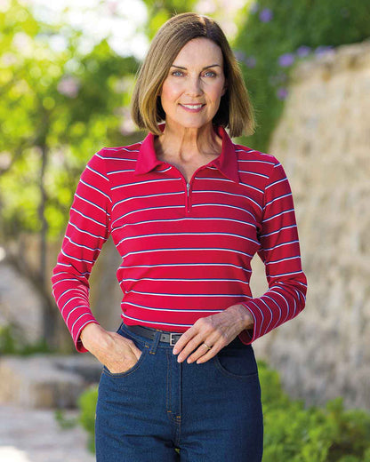 Kendall Striped Long Sleeved Cotton Zip Neck Polo Top - Red