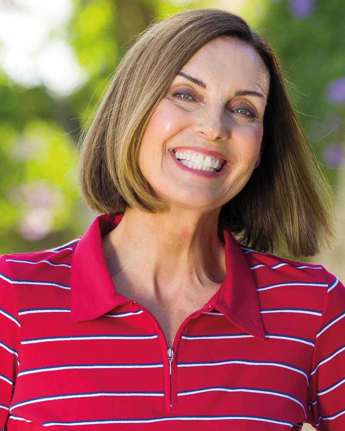 Kendall Striped Long Sleeved Cotton Zip Neck Polo Top - Red